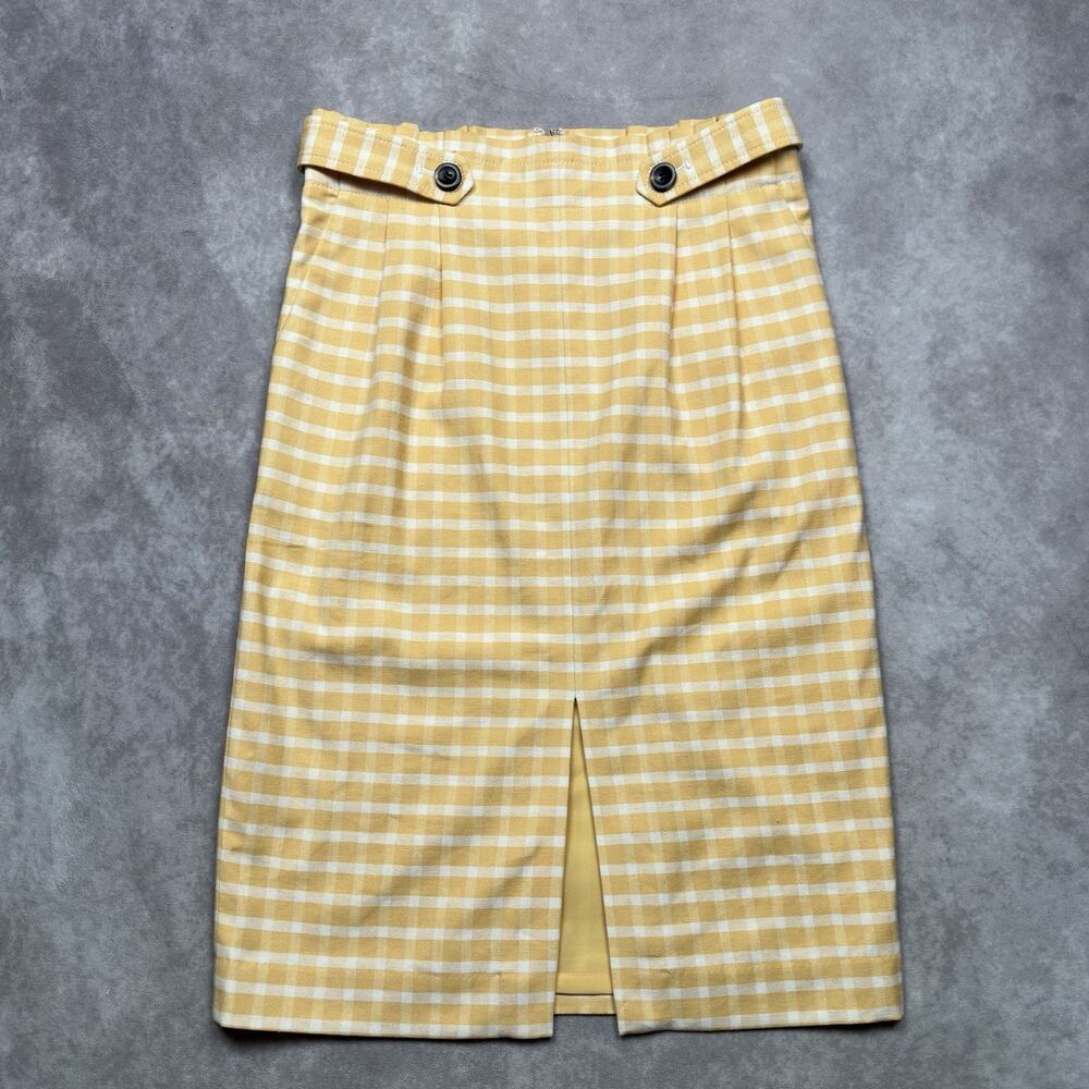 Ann Taylor NWT Midi Pencil Skirt Yellow Cream Plaid Linen Blend Size 4 Slit